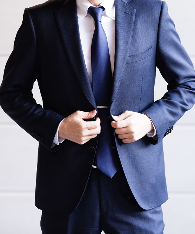 メンズフォーマルスーツ(ネイビー ウール混 シングル 2ツ釦 ノータック)